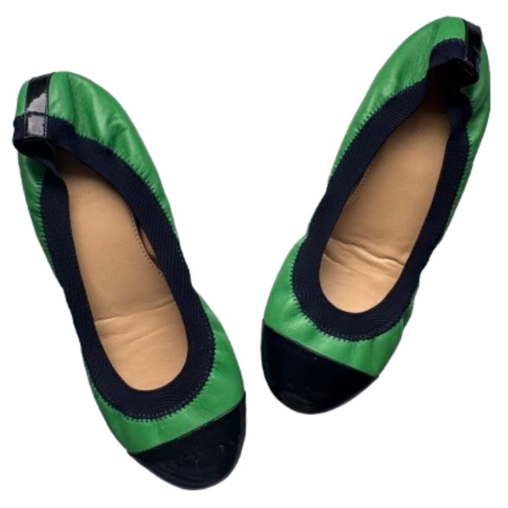 J.Crew Mila Cap Toe Leather Ballet Flat Kelly Green Navy RoundToe Size 8.5 Y2K